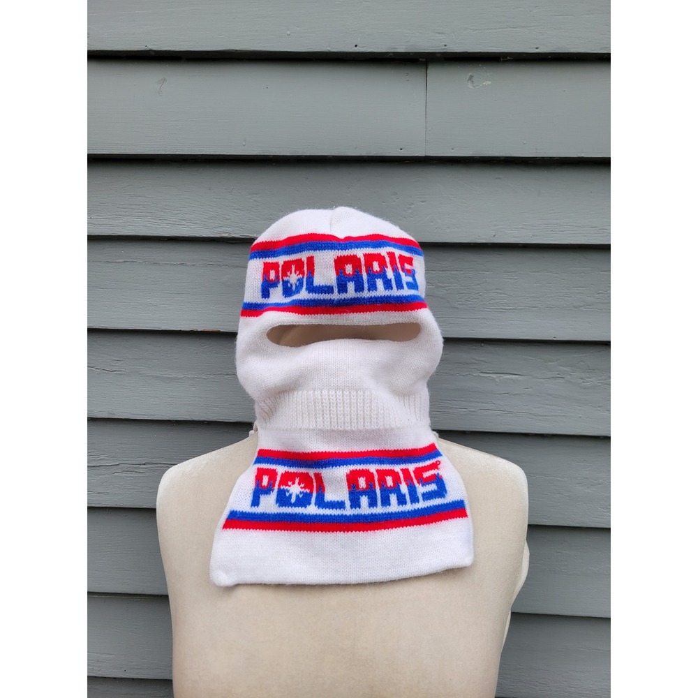 Polaris Balaclava Face Mask White Red Blue‎ Vintage Snowmobile Knit USA OSFM